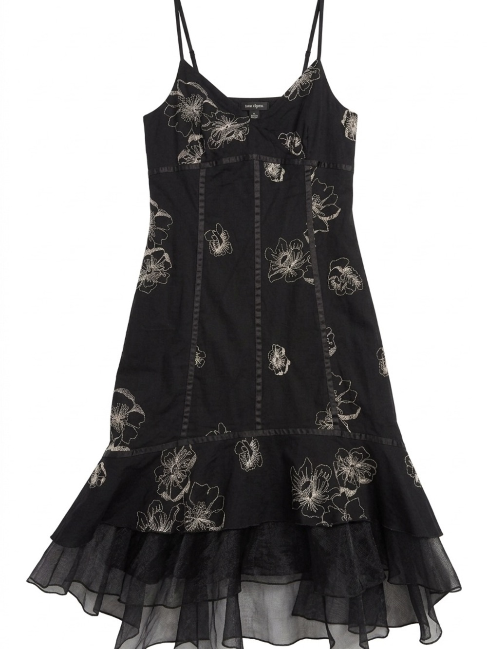 D Horoscope Y2K Black Floral Embroidered Ruffle-Hem Dress Size M